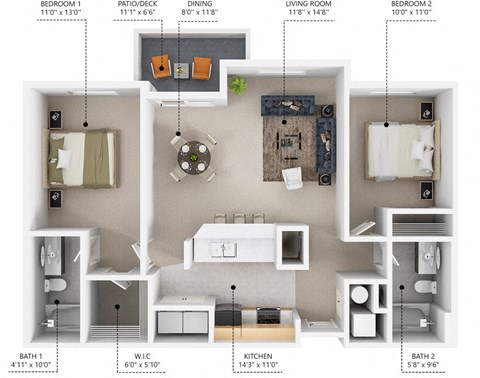 Floor plan for 2 beds, 2 baths, 1018 sqft